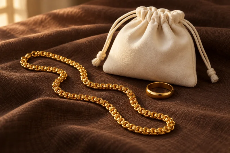 A gold chain and ring beside an ivory jewellery pouch
