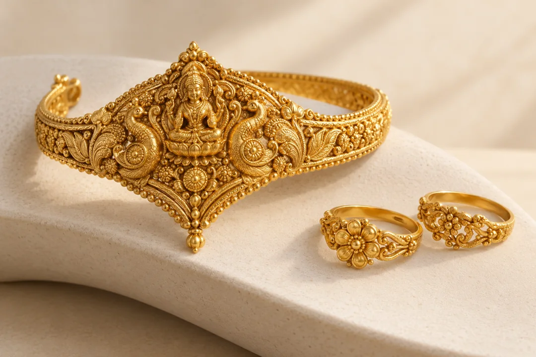 A traditional gold armlet and two gold rings on ivory ceramic